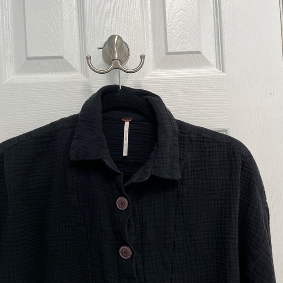 Free People Black Cotton Gauze Button Front Tie Hem Shirt Top XS Boho Casual - Picture 9 of 14